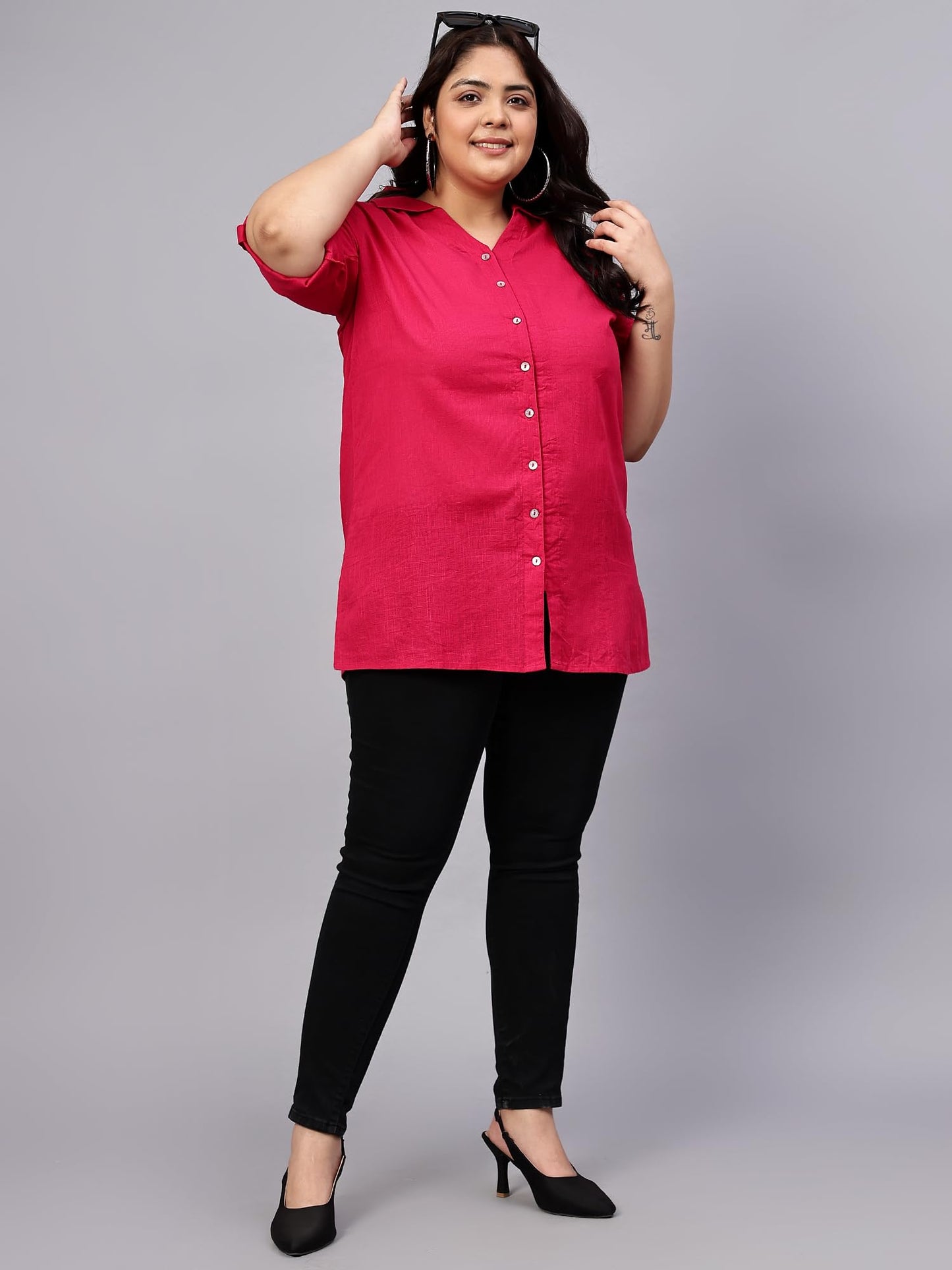 Indietoga Women's Plus Size Cotton Longline Casual Shirt (P10001508_Pink Solid_XL)
