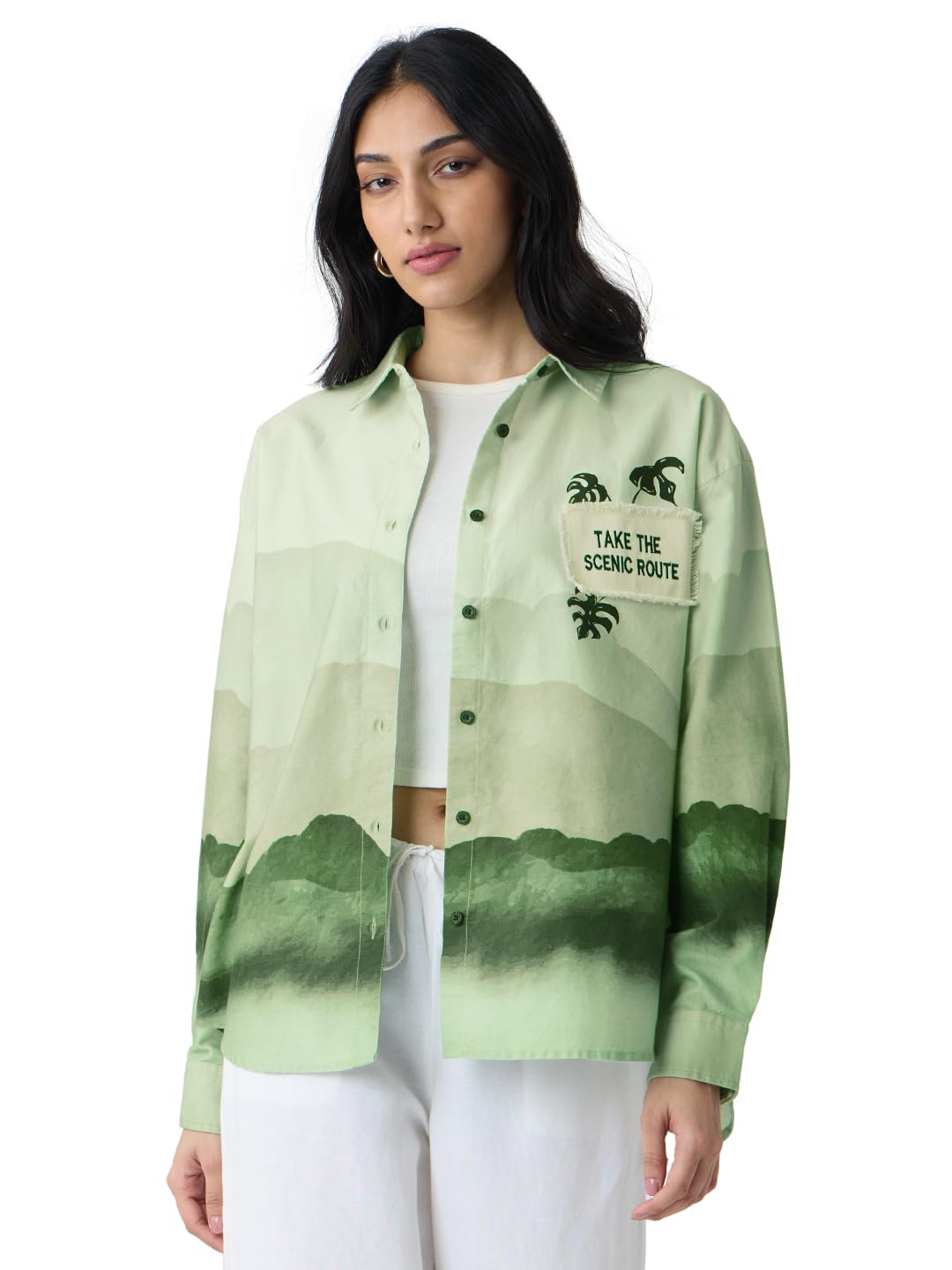 The Souled Store Scenic Route Women and Girls Long Sleeves Collared Neck Button Front Green Printed Cotton Boyfriend Shirts