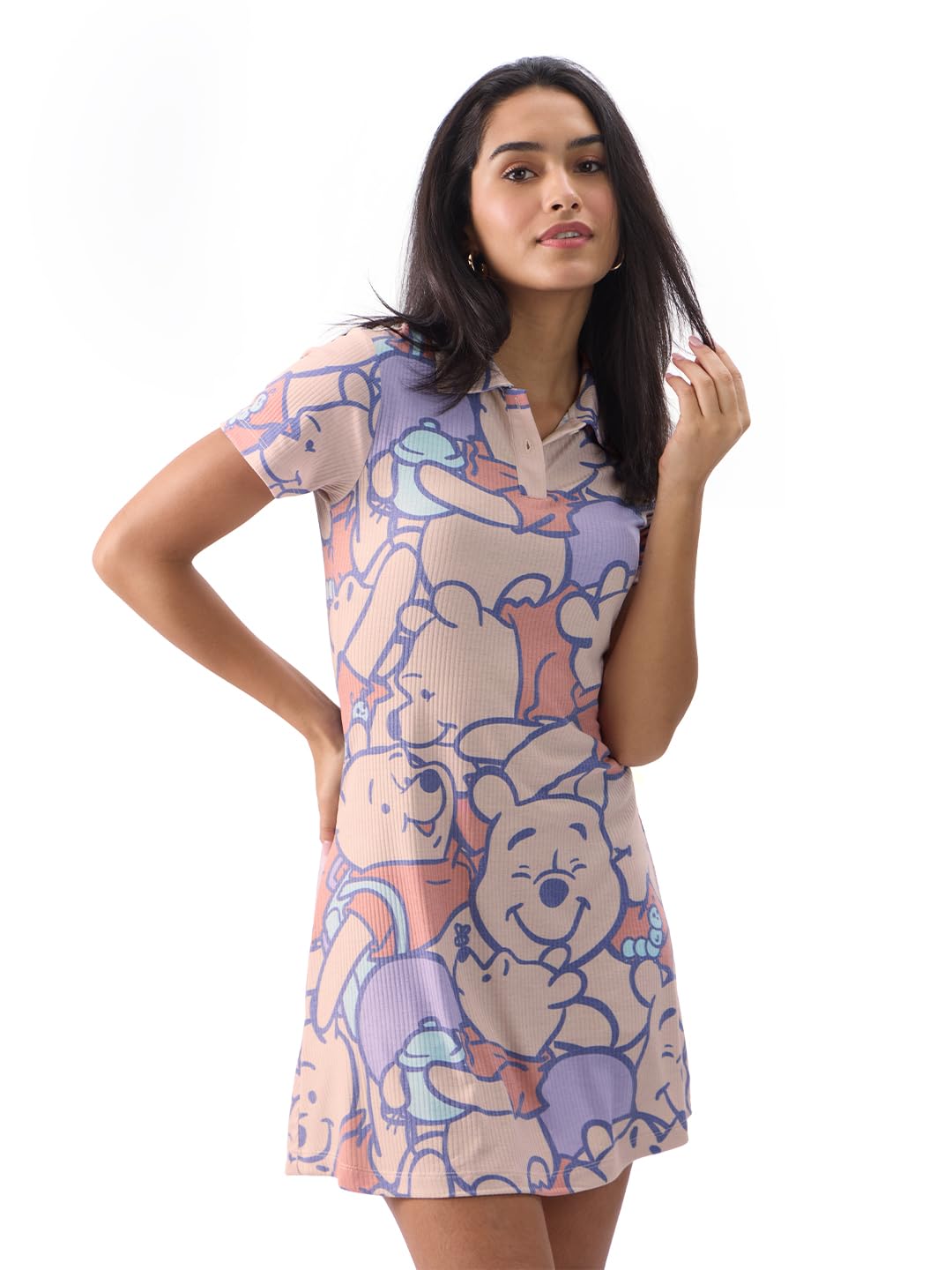 The Souled Store Official Winnie The Pooh: Faces Women and Girls Short Sleeves Collared Neck All Over Printed Polyester Blend Mini Dresses Multicolour