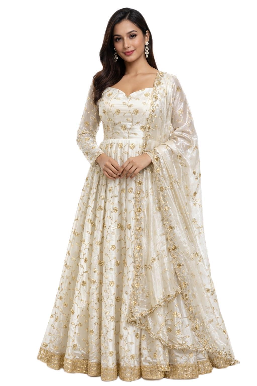 Glinty Chic Women's White and Gold Embroidered Anarkali Gown with Dupatta, Floral Sequin Work, Sweetheart Neck, Ethnic Wear (in, Alpha, S, Regular)