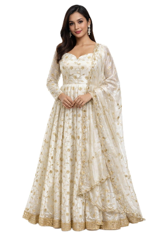 Glinty Chic Women's White and Gold Embroidered Anarkali Gown with Dupatta, Floral Sequin Work, Sweetheart Neck, Ethnic Wear (in, Alpha, S, Regular)