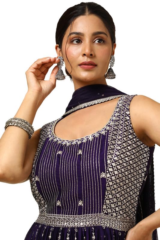 Soch Womens Purple Georgette Blend Embroidered Gown with Sequins