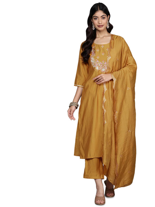 Libas Women's Silk Blend Kurta Sets (GS869_Mustard_S)