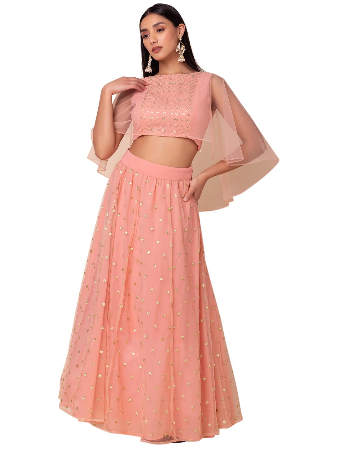 Indya Women's Mesh Lehenga Sets (ICO00531_Pink_S)