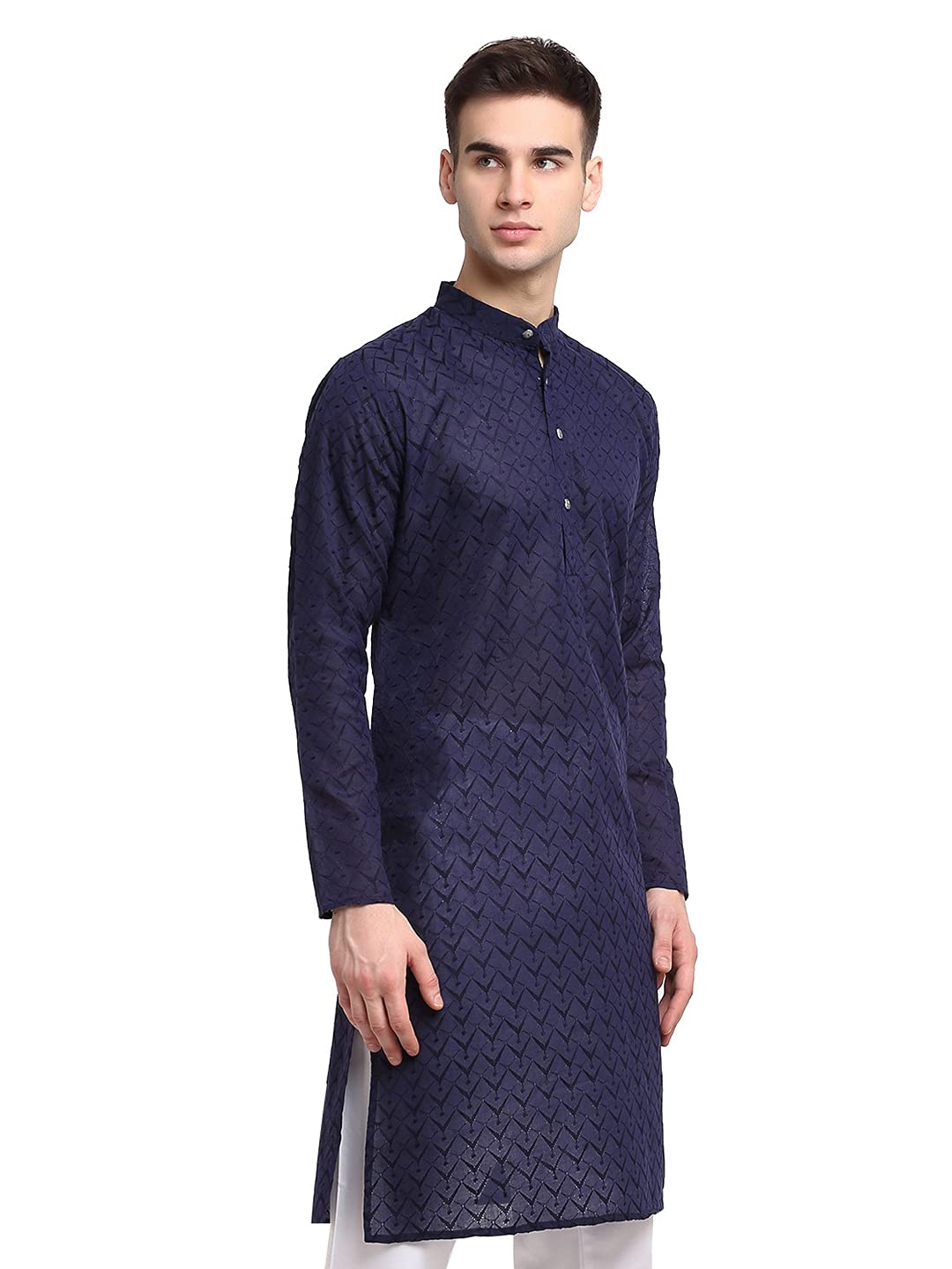 Jompers Men Navy Blue & White Self Design Kurta (Navy, M)