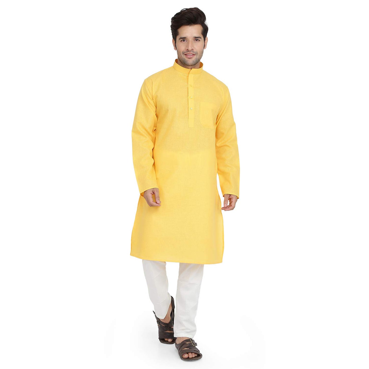 Royal Kurta Mens Linen Kurta Pyjama Set Yellow 40