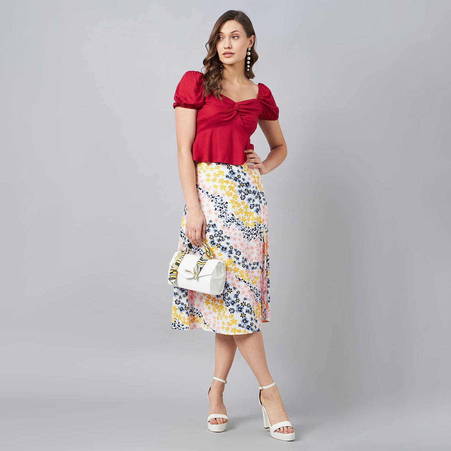 Marie Claire Women Casual White Colour Floral A-Line Skirt (MC2382_White_L)