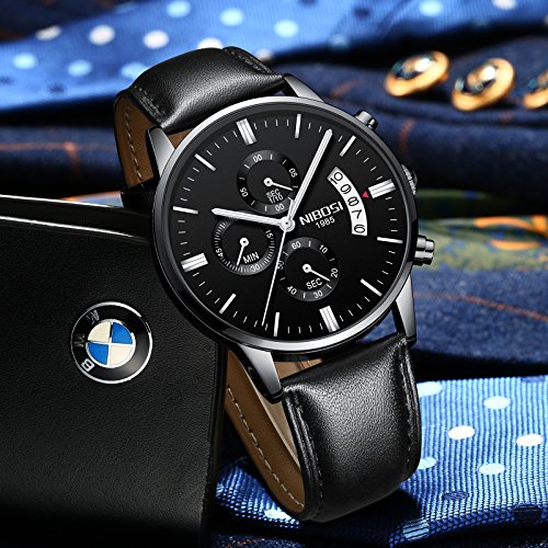 NIBOSI Watches Men Sport Quartz Watches Waterproof Chronograph Wrist Watch Gift Three-Eye 6-Pin Solid Leather Belt Watch | Gift for Men for Birthday and Rakhi (L-BBS)
