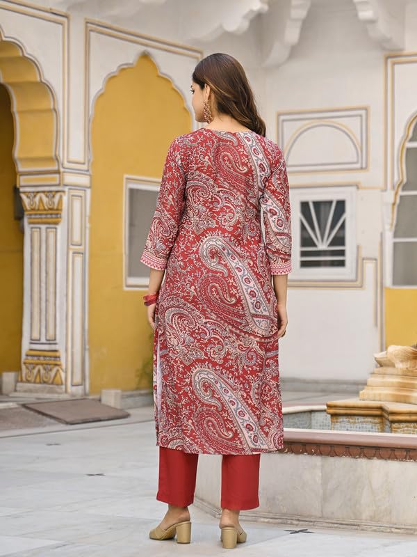Vaamsi Women's Red Rayon Blend Paisley Straight Printed Kurta Pant With Dupatta Set | Straight Kurta Set | Printed Salwar Suit For Women (VKSKD2317, S)