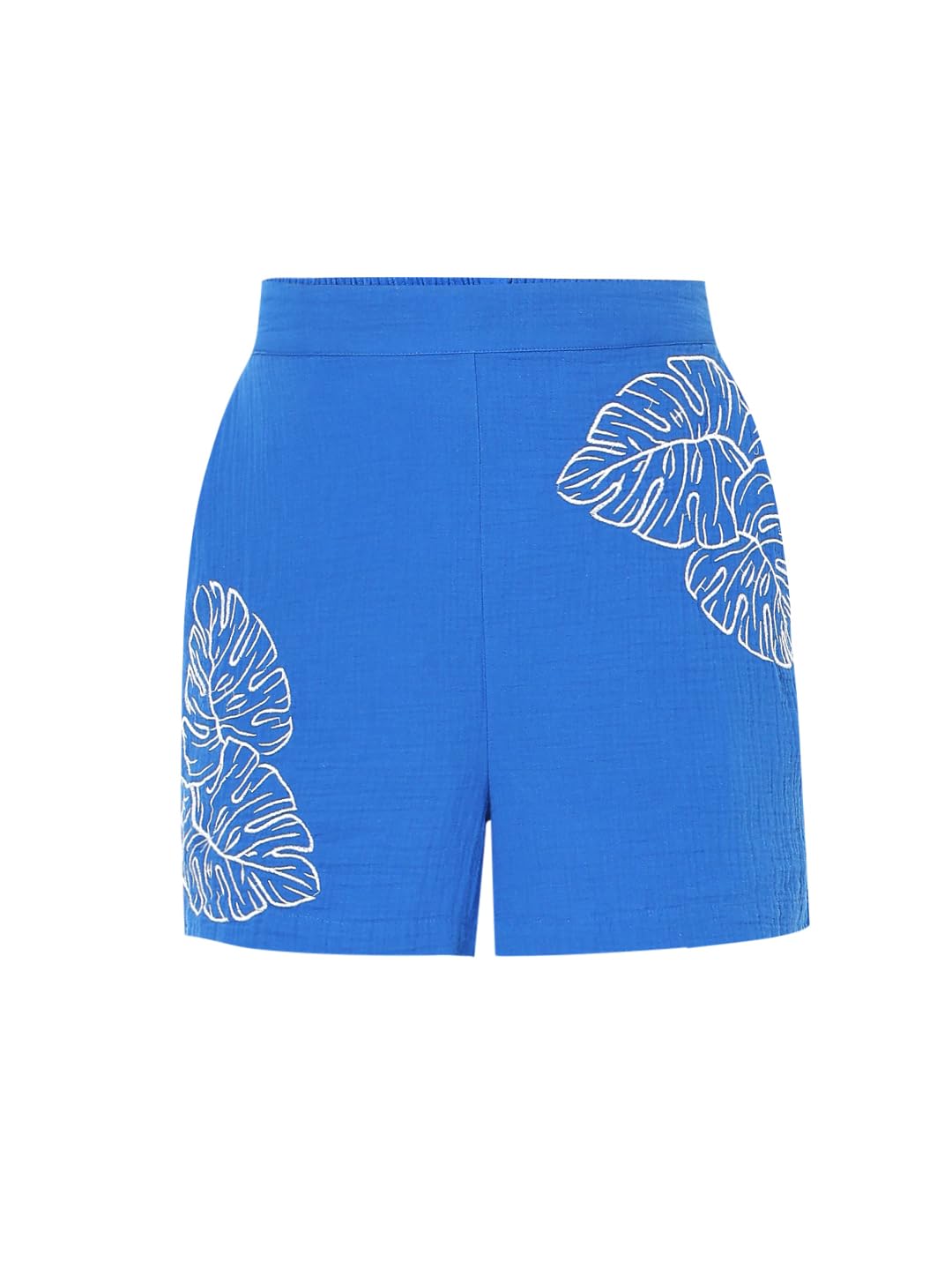 VERO MODA Women Embroidered Blue Cotton Regular Fit Mini Length High Rise Shorts