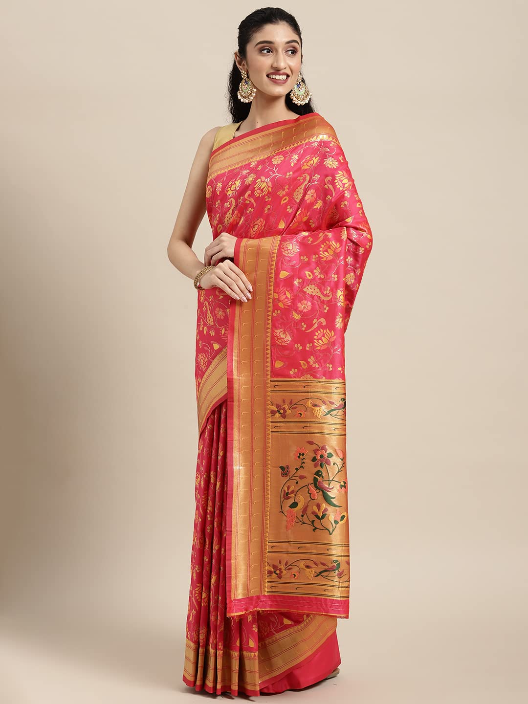Panzora Women's Paithani Silk Saree With Unstitched Blouse Piece (Gajri-Pink)