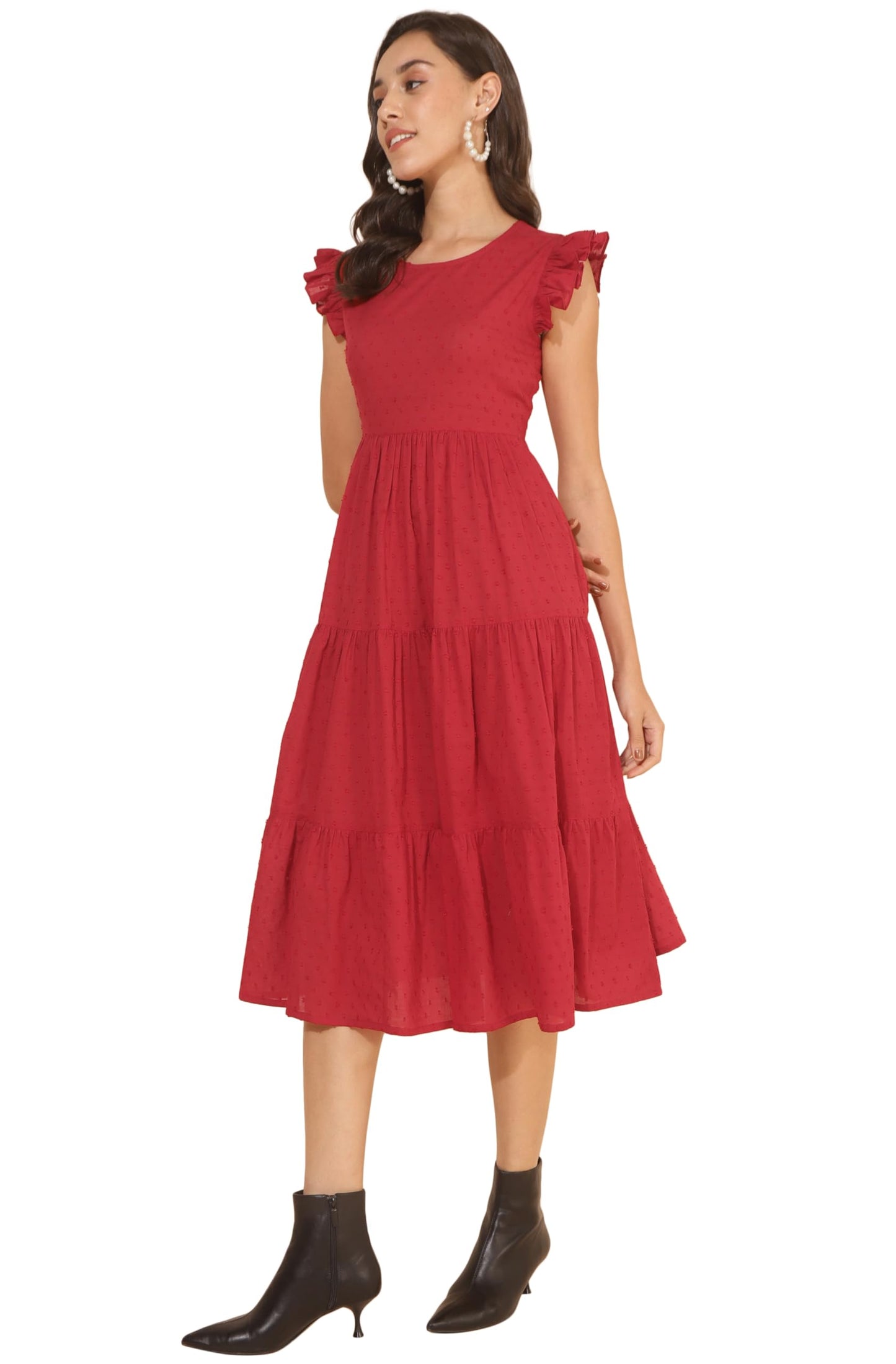 Janasya Women's Red Cotton Dobby Solid Tiered Dress(JNE4371-DR-M)