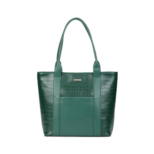 Fastrack Croco Crush Tote | green faux-leather Women's Handbag | Textured Croco Design with Gold Hardware | Double Handles, Zipper Closure & Organised Storage