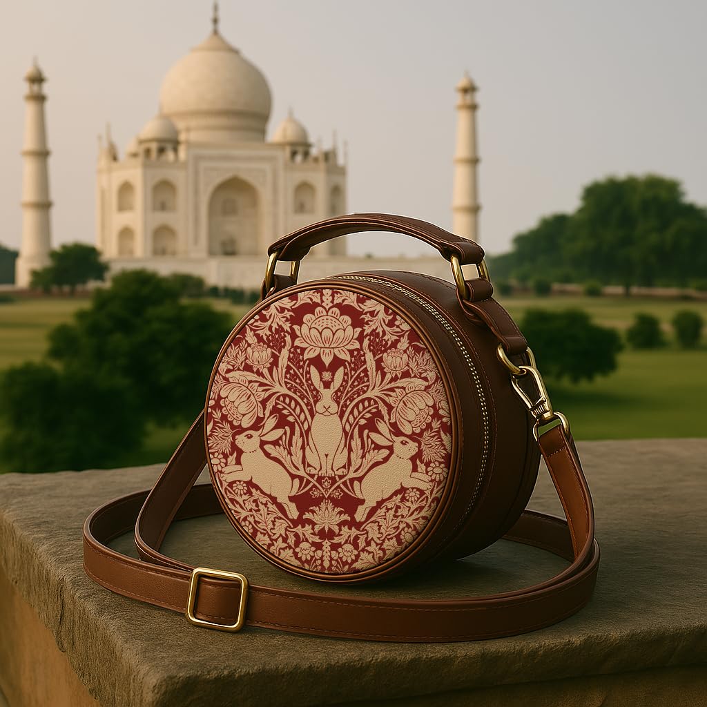 Kalankit Round Sling Bag for Women | Lightweight Vegan Leather Crossbody | Stylish Compact Purse | Trendy Bags for Women | Valentine Gift for Wife | Modern Damask Year Of The Rabbit