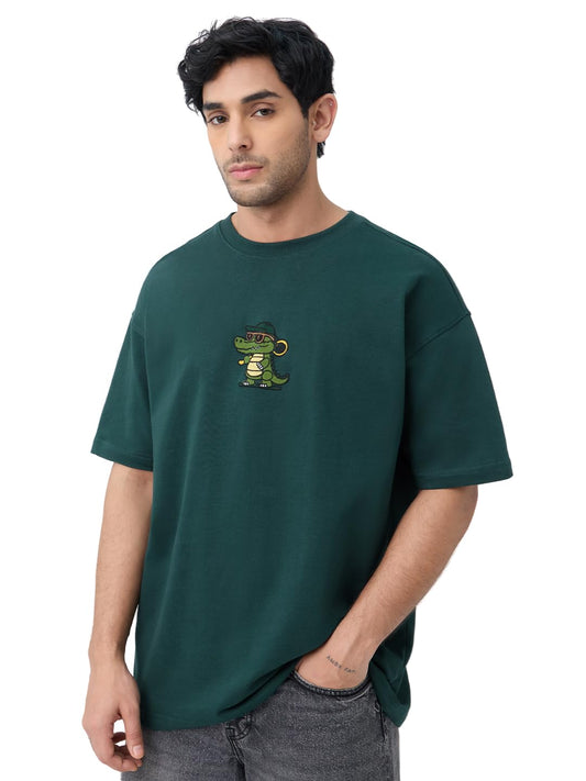 The Souled Store Oversized T-Shirt: Gator Men and Boys Short Sleeves Round Neck Dark Green Embroidered Drop Shoulder Casual Streetwear Oversized T-Shirts