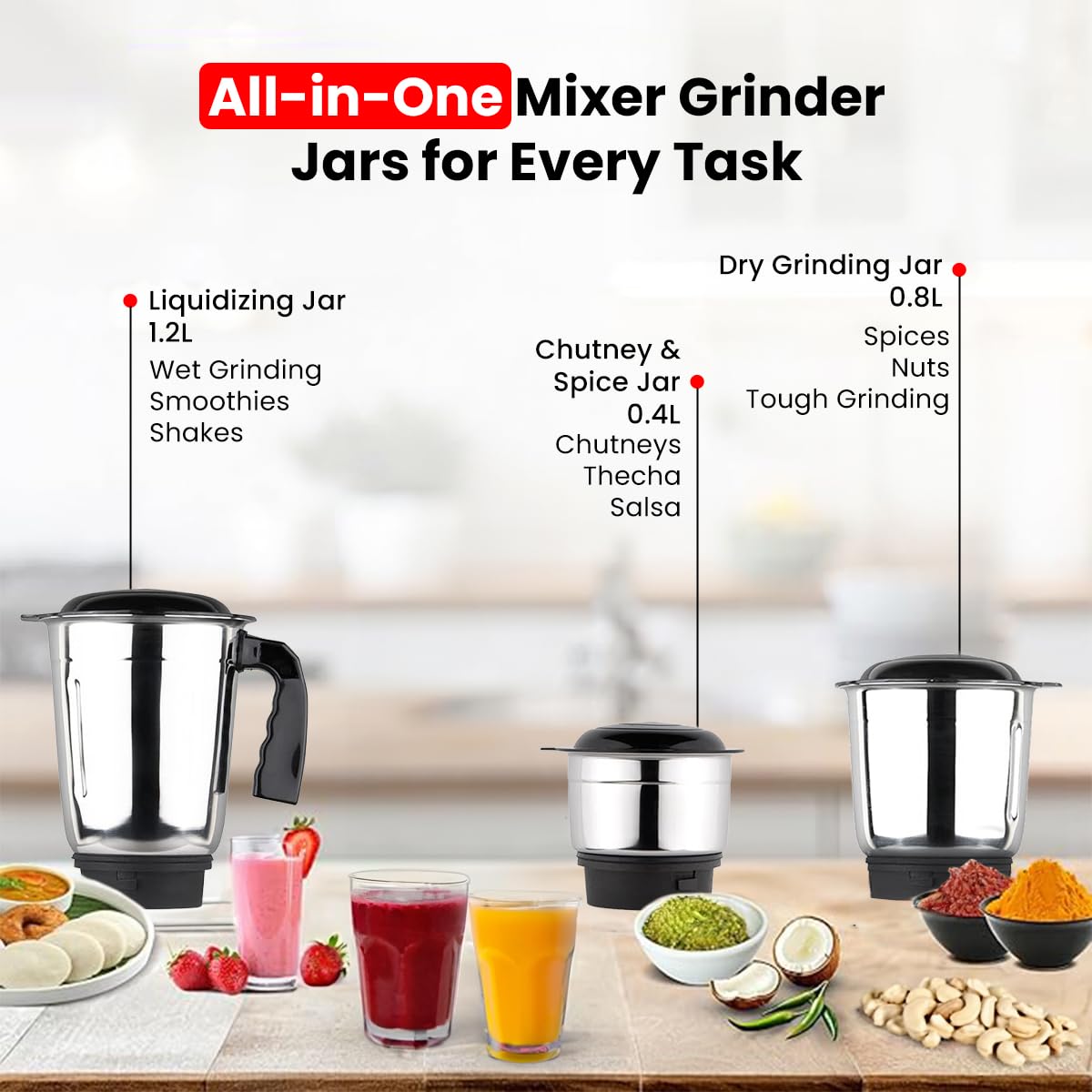 INALSA Mixer Grinder|500W Powerful Motor|High RPM 21000 for Finer Grinding Result|3 Stainless Steel Jars (1.2 L,0.8 L,0.4 L)|Leak-Proof Lid|3 Speed Control & Pulse Function|2 Year Warranty|Jazz Bold