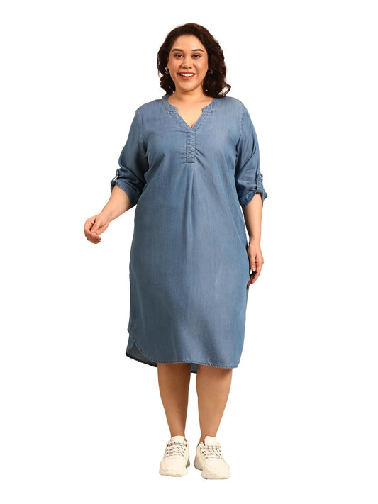 The Pink Moon Women's Midi A-Line Plus Size Denim Dress - (DRS_NIM18_Tencel_Blue_2XL)