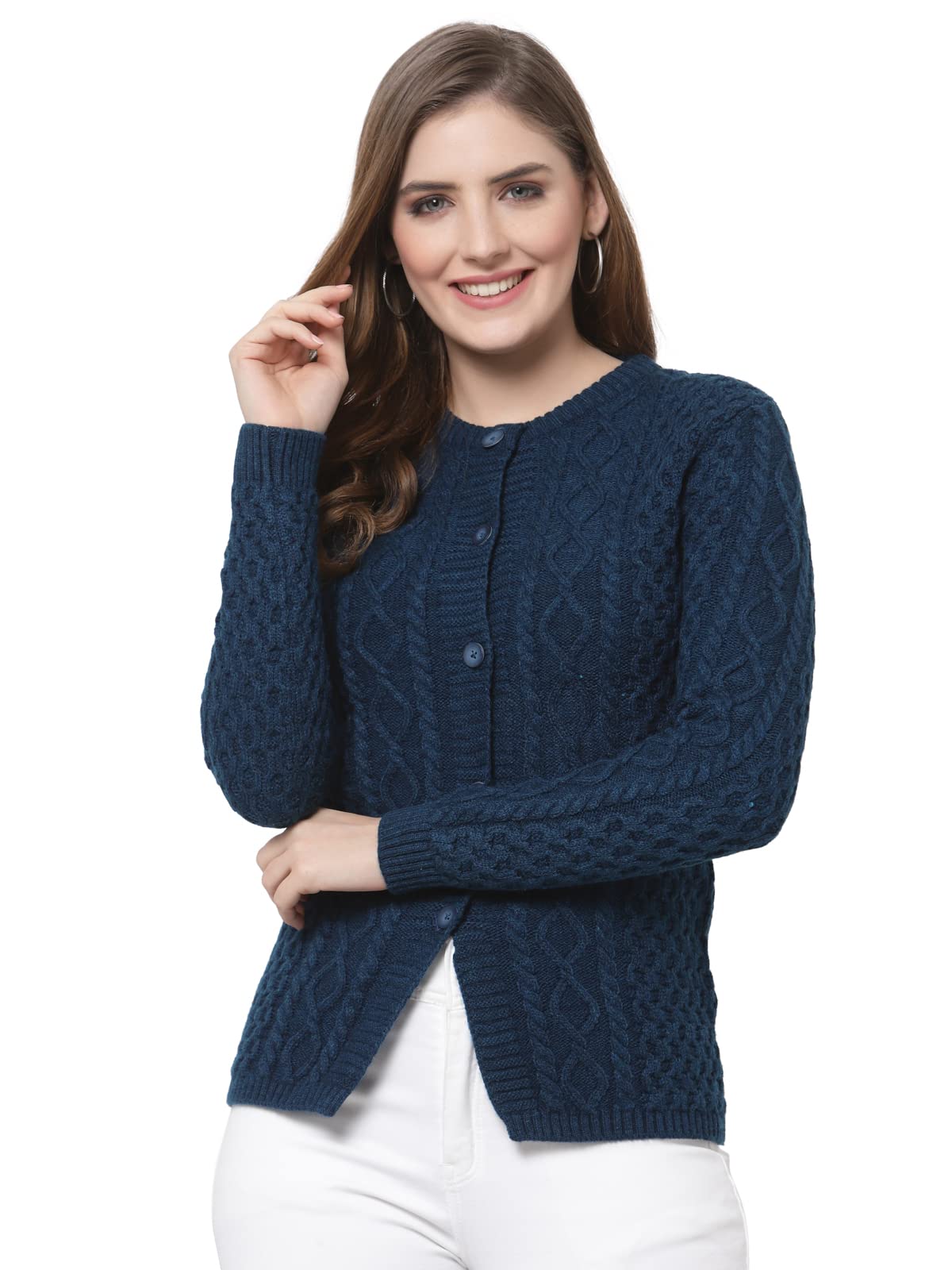 Kalt Women Sweater for Winters Woolen Acrylic Full Sleeve Round Neck Cable Design Cardigan Sweater for Women Winter Woollen Stylish (Teal;3XL)