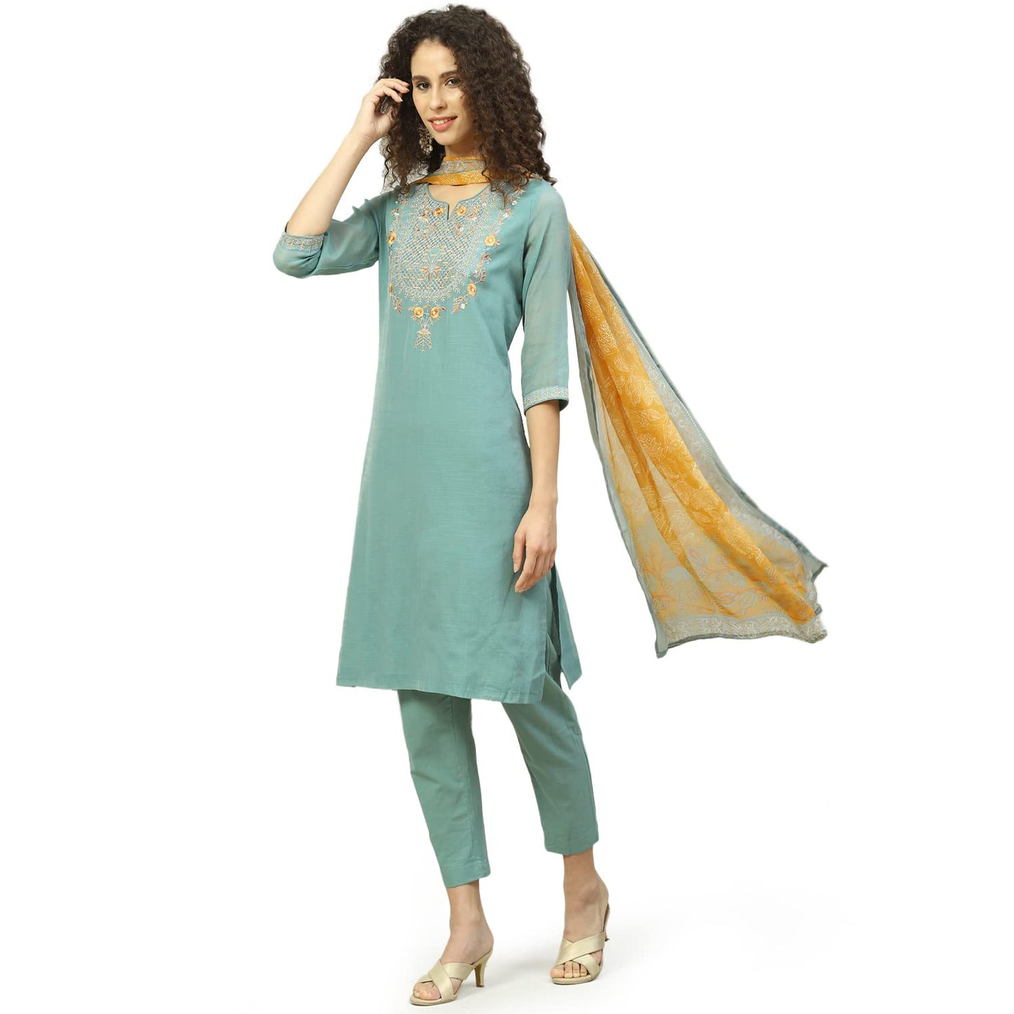 BIBA Women's Sage Green Art Silk Straight Kurta Slim Pant Suit Set