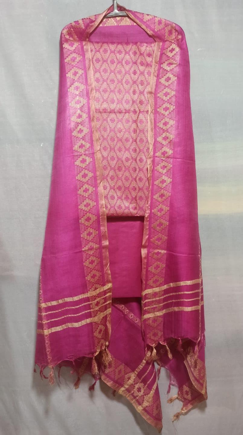 ZERATEX Women's Cotton Silk Handloom Weaving Unstitched Salwar Suit Dress Material With Dupatta (Pink pink)