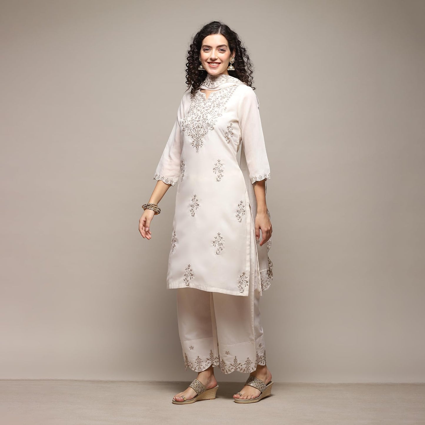 BIBA Cotton Blend Women Embroidery Straight Salwar Kurta Dupatta(Skdassorted8609_Off White_38)