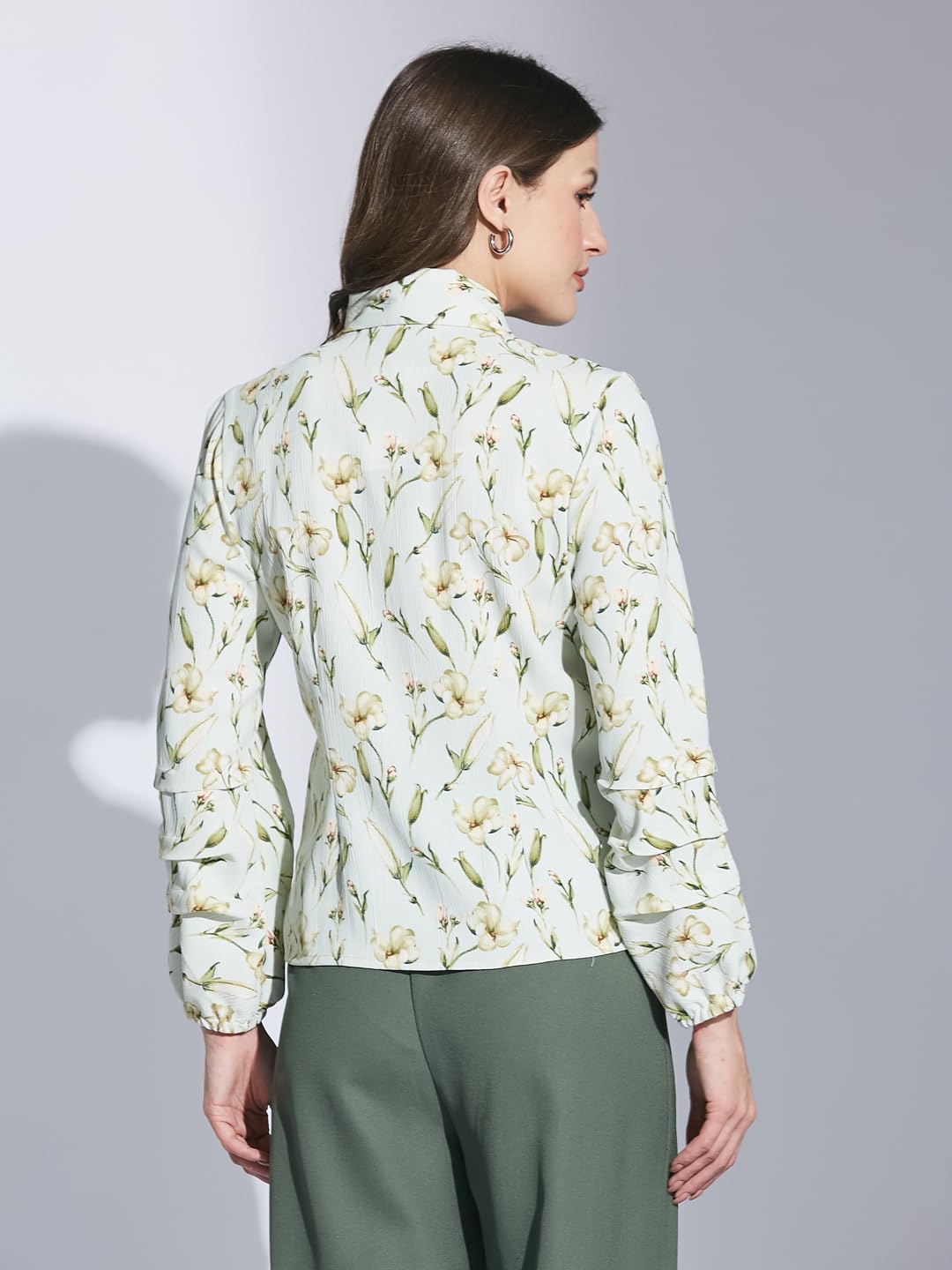 Latin Quarters Women Green Collar Neck 3/4th Sleeve Printed Shirt Blouse_XL