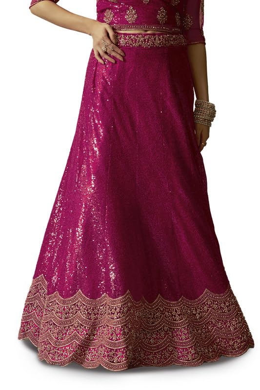 Soch Womens Fuchsia Net All-Over Sequins Embroidered Unstitched Lehenga Set