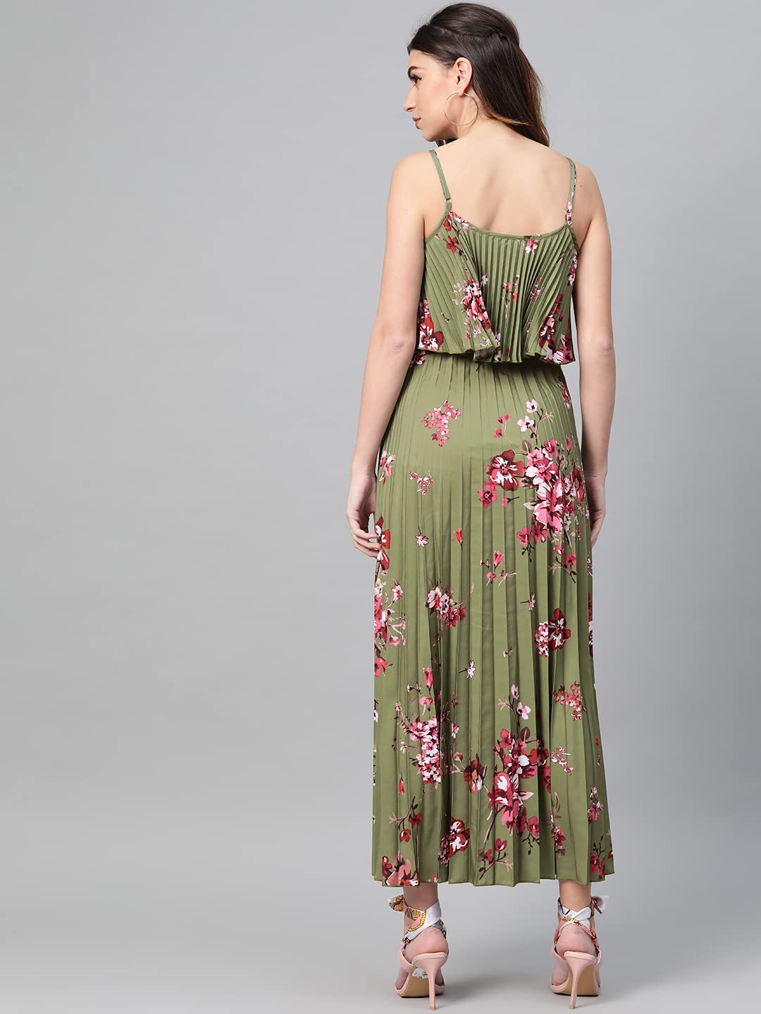 SASSAFRAS Olive Floral Strappy Pleated Maxi Dress