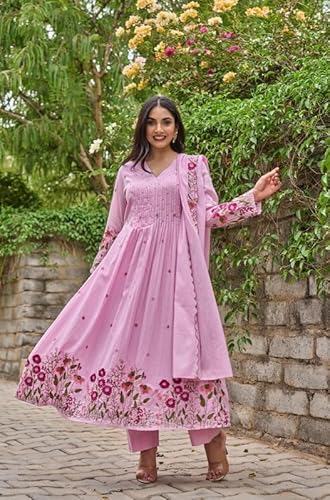 AVYUKTHA | Women Floral Embroidered Tiered Kurta with Palazzos & Dupatta | Thread Work Ethnic Set for Festive, Casual & Party Pink, Size- M