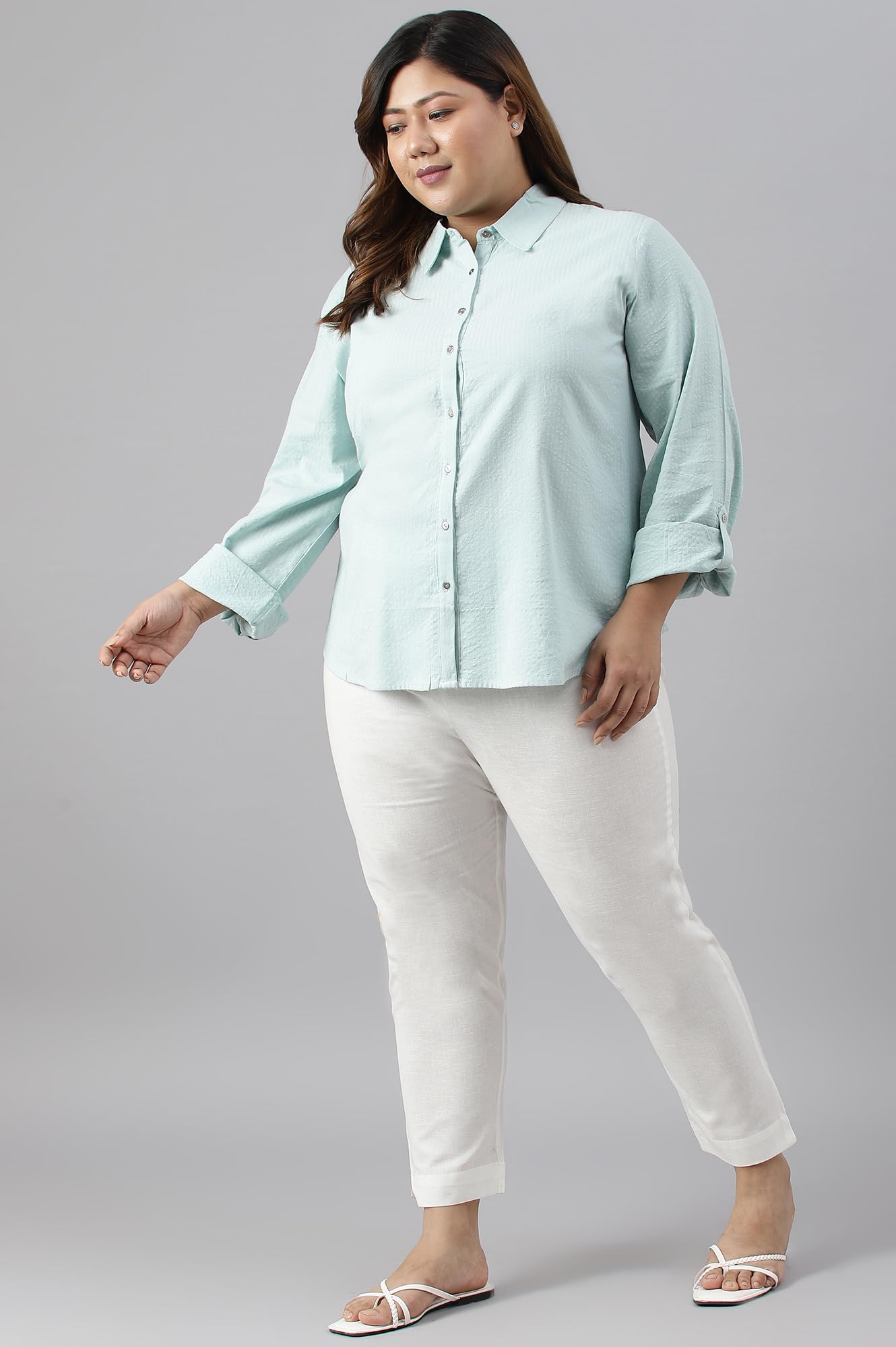 W for Woman Light Blue Western Buton-Down Plus Size Top_23FEW31250G-312294_5XL