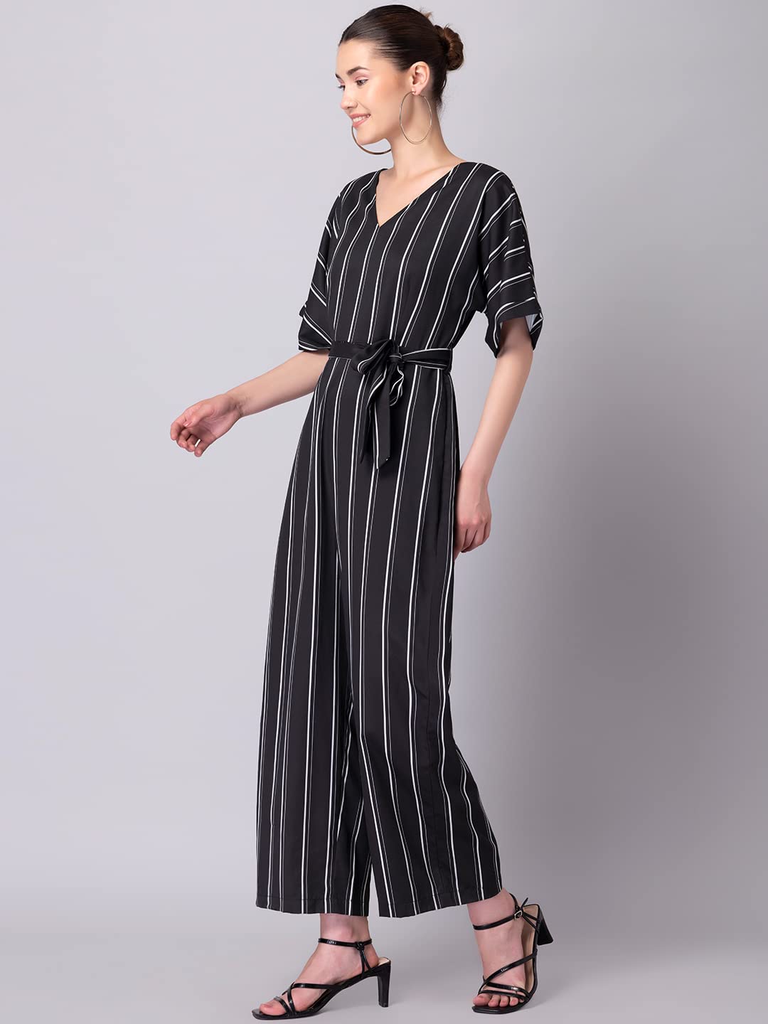 FabAlley Black Striped Belted Jumpsuit