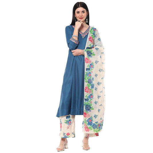 BIBA Women YARNDYED KALIDAR SALWAR KURTA DUPATTA(SKDKIAARA9445_TEAL_38)