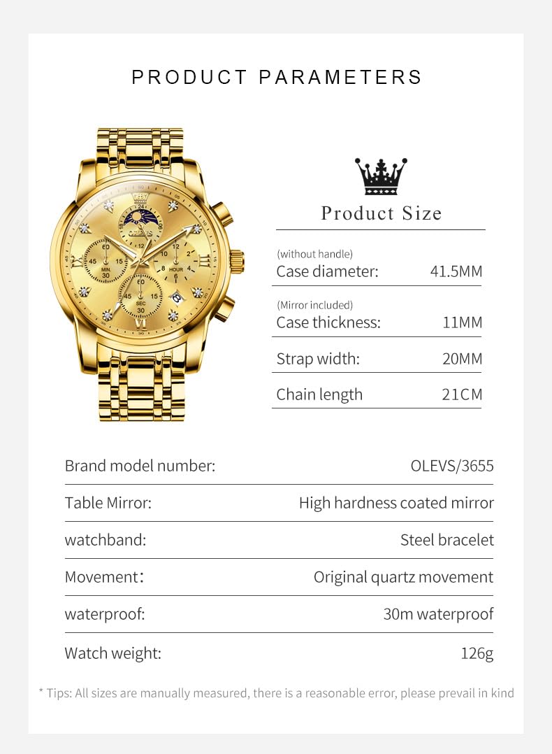 OLEVS Watch for Men Diamond Business Dress Analog Quartz Stainless Steel Waterproof Luminous Date Two Tone Luxury Casual Wrist Watch, Silver watches gold 3655, men watch