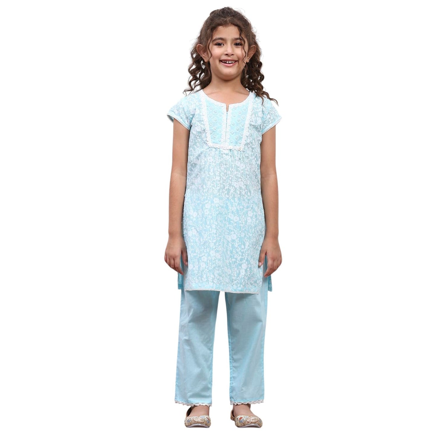 Biba Girl's Powder Blue Cotton Straight Printed Kurta Pants Set