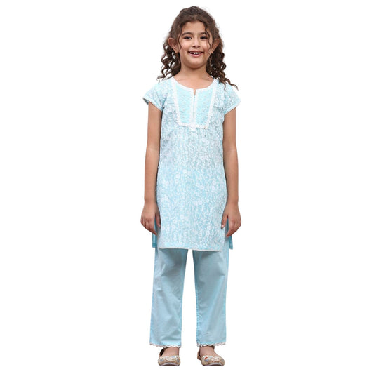 Biba Girl's Powder Blue Cotton Straight Printed Kurta Pants Set