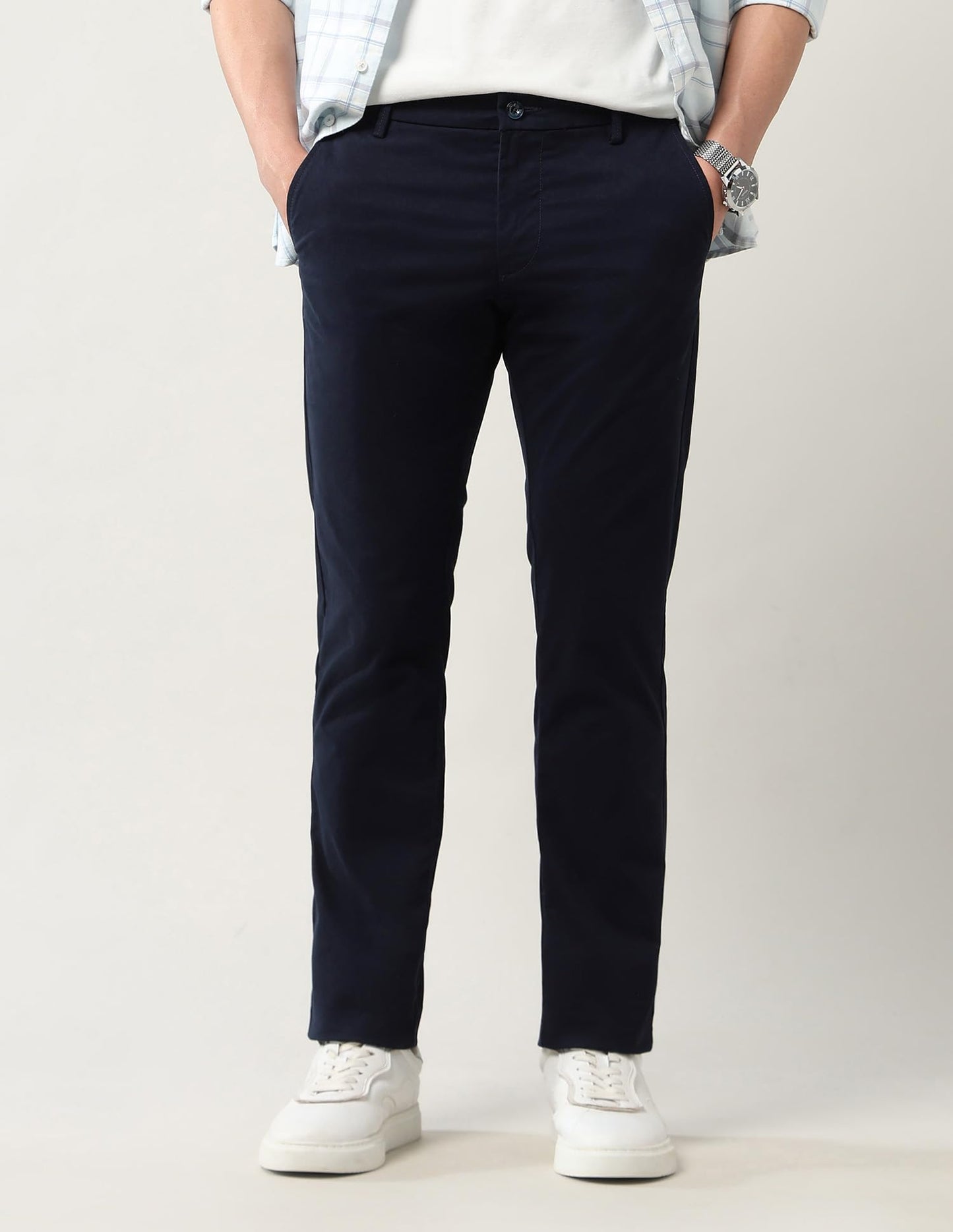 Arrow Sports Men's Mid Rise Slim Fit Solid Trousers Navy