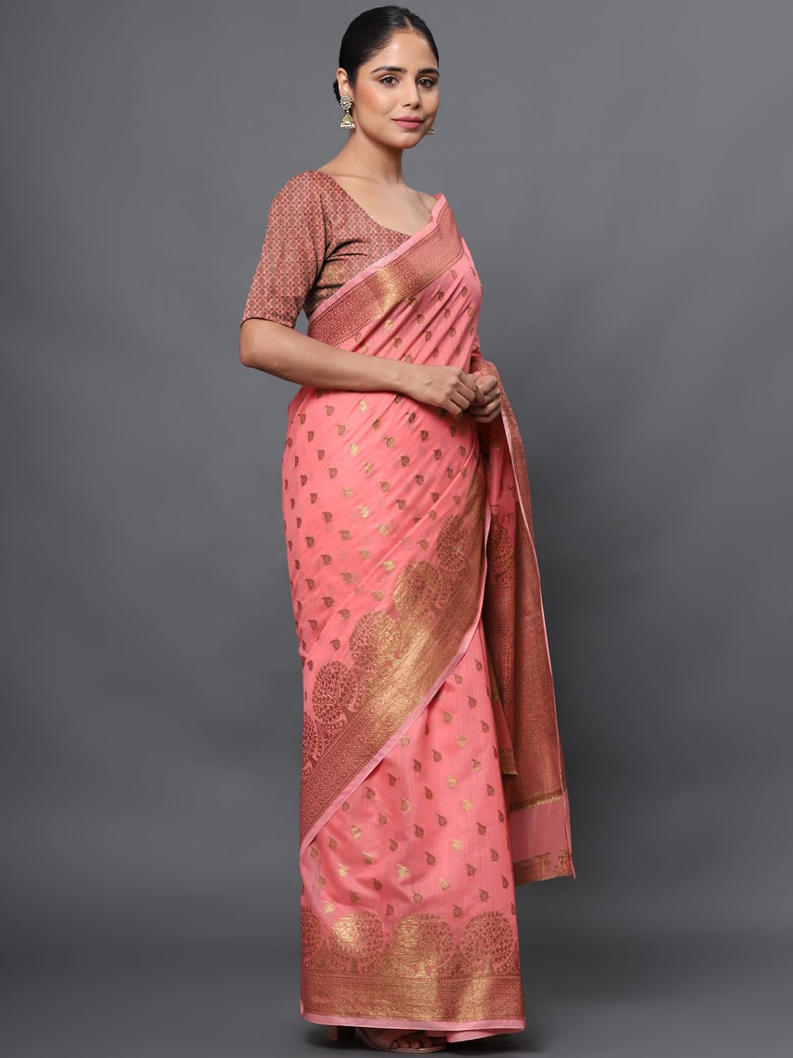leeza store Women's Pink Cotton Silk Blend Golden Zari Tree Pattern Border Rich Pallu Banarasi Saree With Blouse Piece