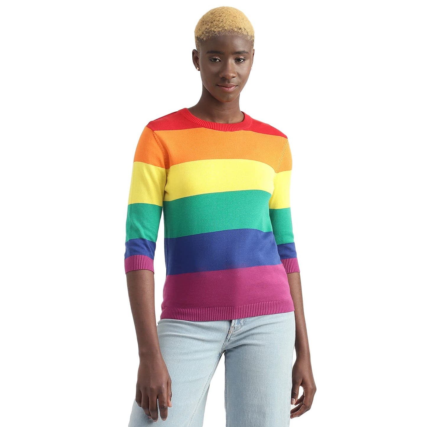 UNITED COLORS OF BENETTON Cotton Striped Round Neck Women Sweaters (Size: M)-23P1294E1L5AG901