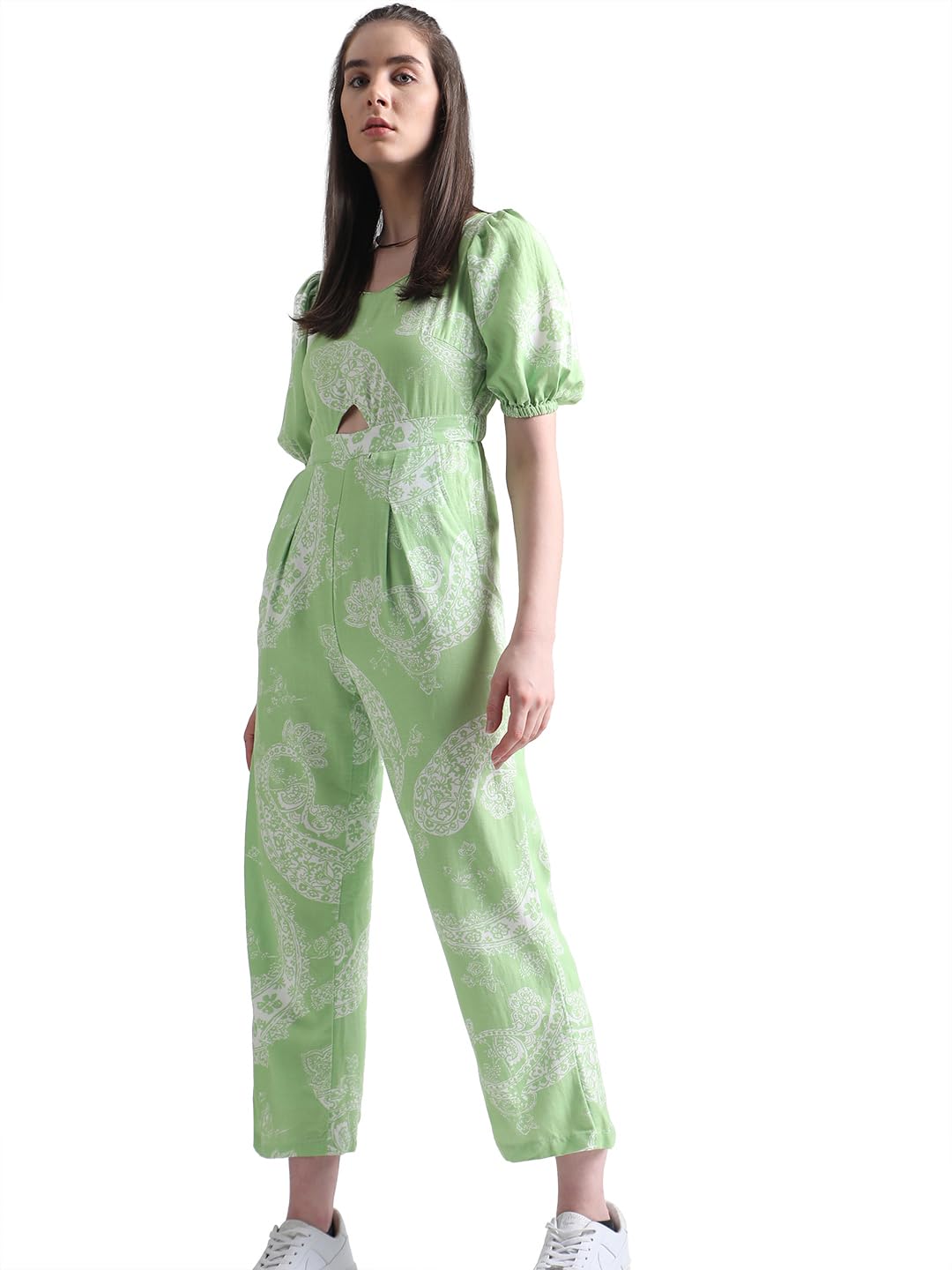 Only Women's Rayon Blend Regular Fit Green Jumpsuit_Large