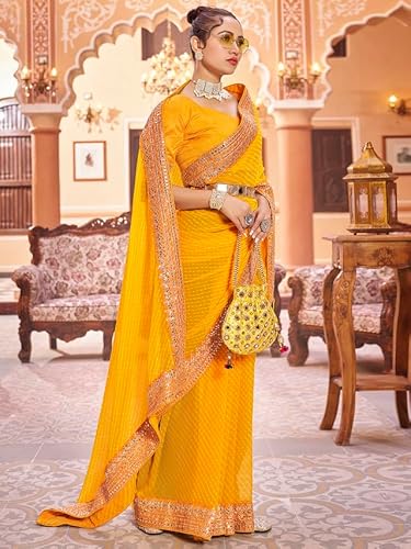 Satrani Women's Georgette Printed & Embroidery Lace Saree with Unstitched Blouse Piece (3463S236N_Yellow)