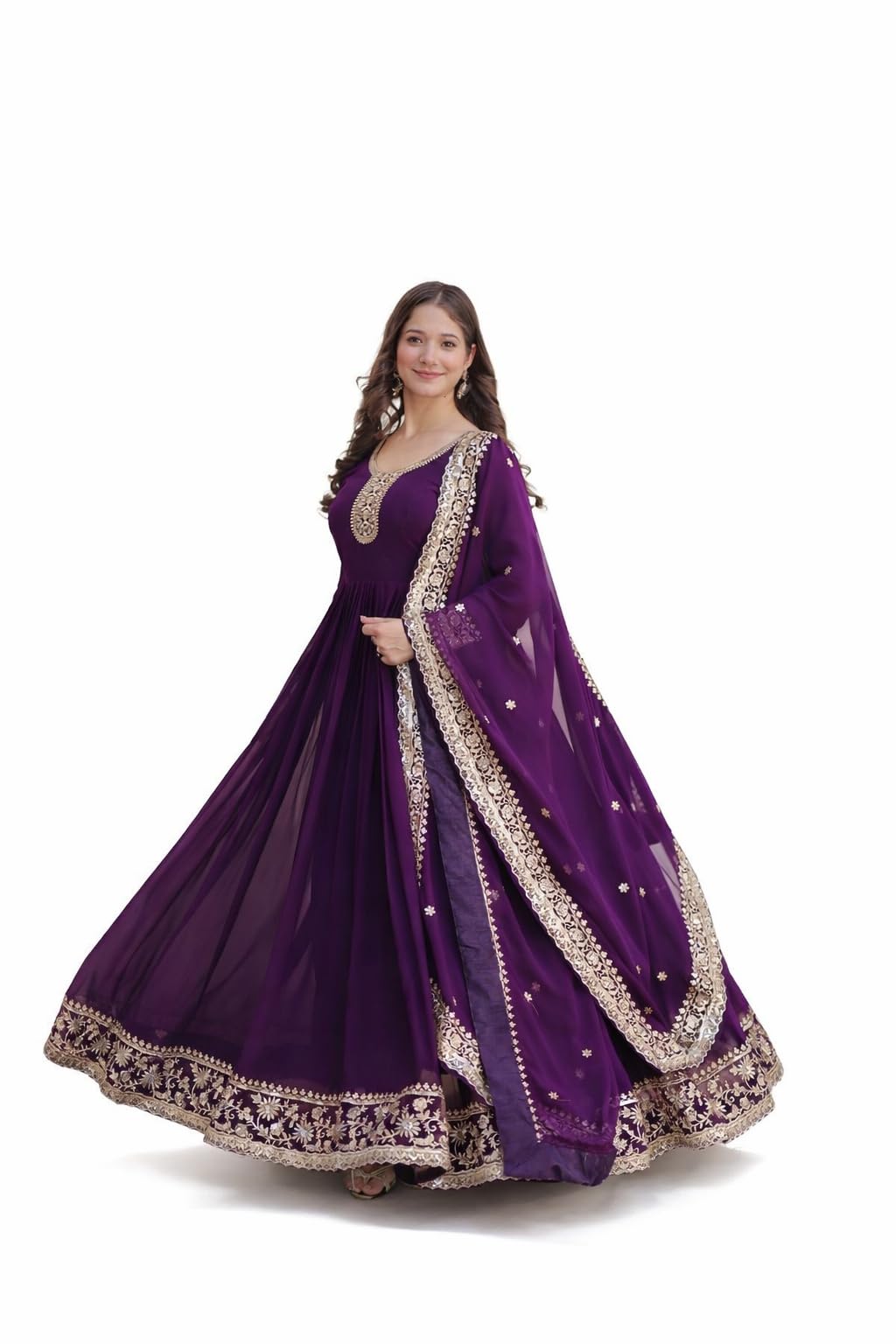 Mehervaa by vinni Purple Anarkali Suit with Gold Embroidery, Long Sleeve Ethnic Dress, Dupatta Included, Traditional Indian Wear (IN, Alpha, L, Regular)