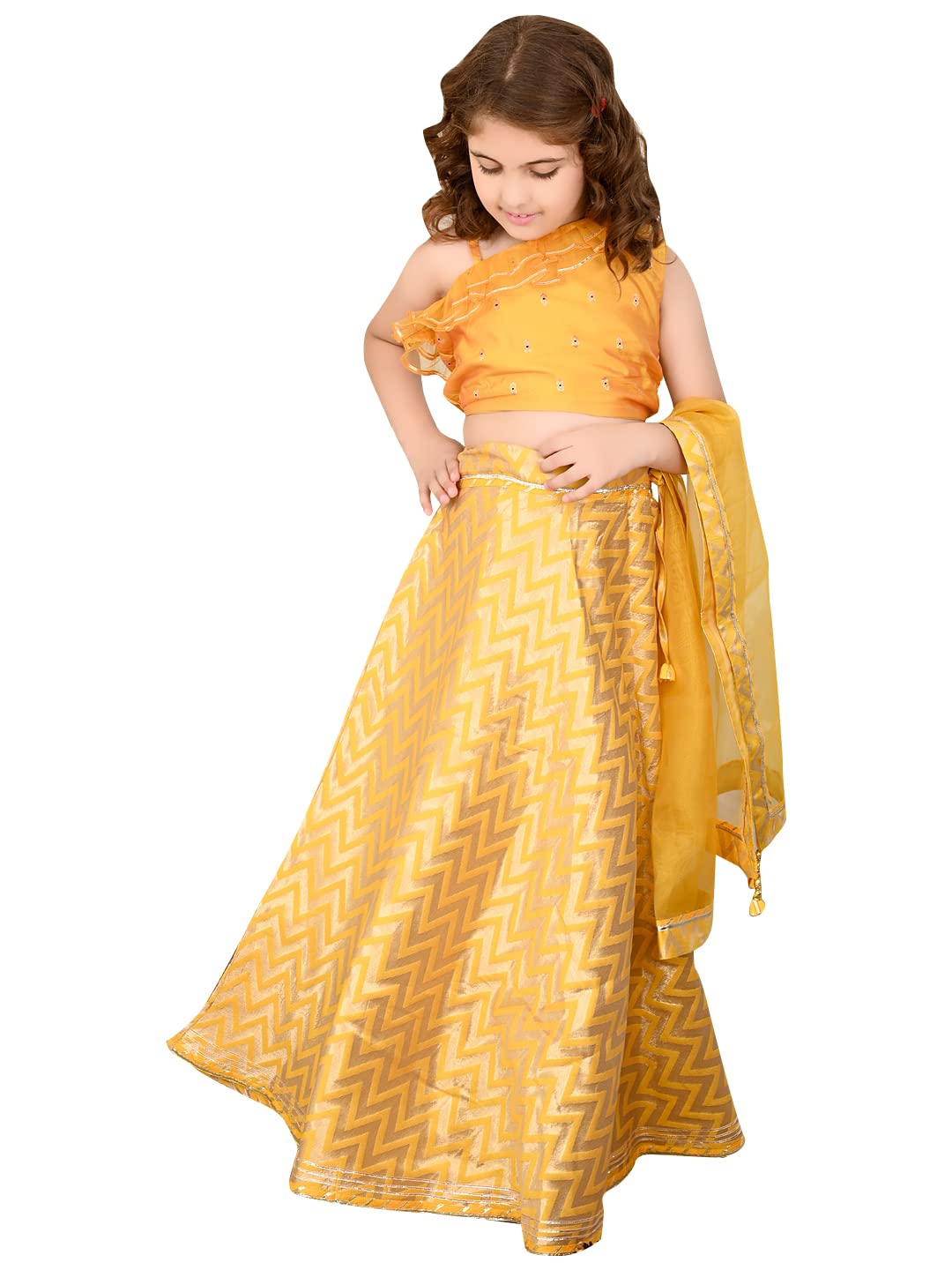 LILPICKS Girls One Shoulder Embellished Choli with Printed Lehenga Set (Yellow) (Size 7-8Y)