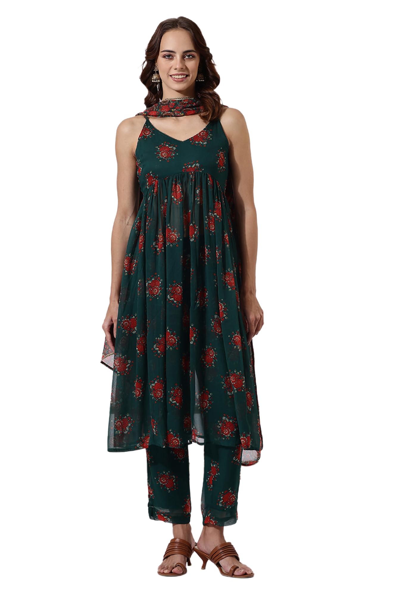 W Green Floral Printed A-line Kurta, Straight Pant & Dupatta for Women (Size: XL)-24AUWS12586-125012