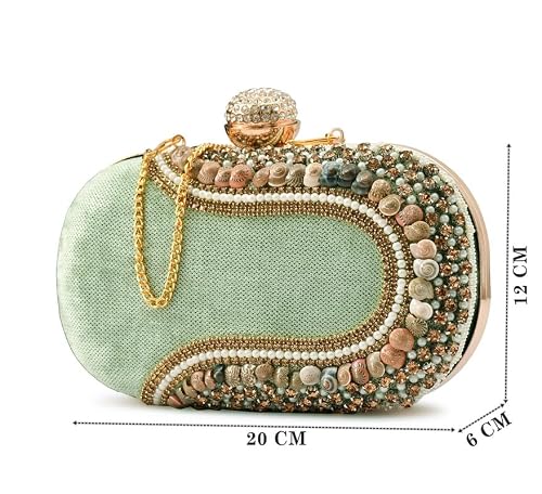 QHAN Elegant Beaded Clutch Purse for Women – Emroidered Bag with Gold Chain, Rhinestone Clasp & Stone Detailing (Cap Pebble Green)