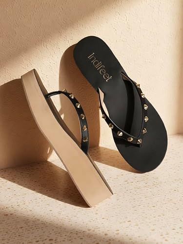 Indifeet Platform Heel Thong Chappals for Women, Black, UK 7