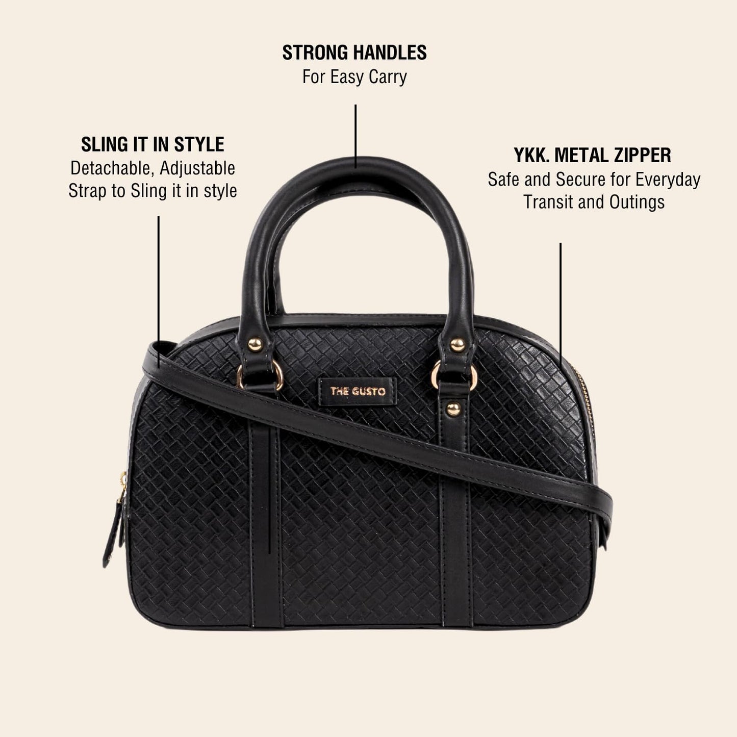 The Gusto Womens Vegan Leather Bowler Sling Bag|Ladies Stylish Cross Body Sling Bag- Black