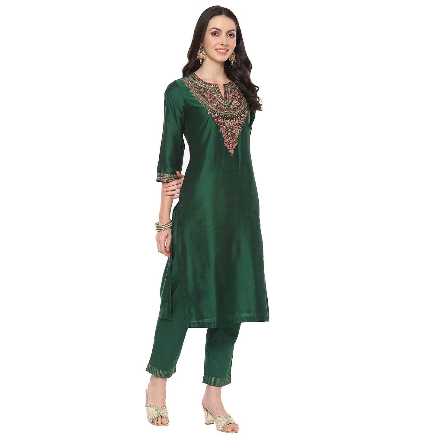 BIBA Cotton Blend Women Embroidery Straight Salwar Kurta Dupatta(Skdbanarasi8852_Green/Red_36)