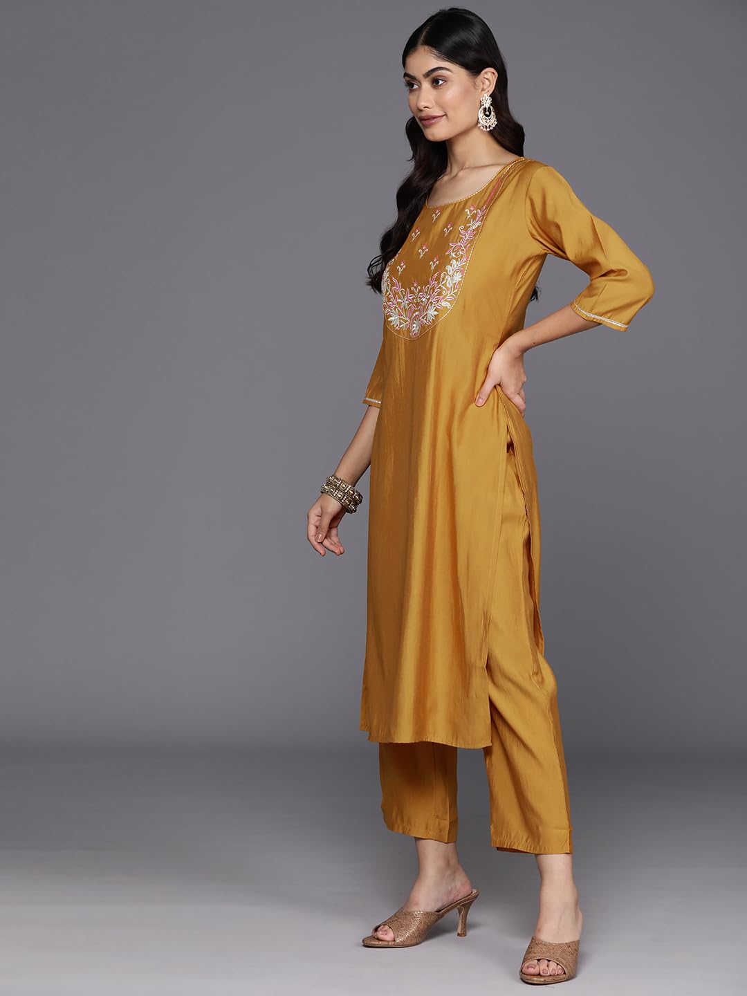 Libas Women's Silk Blend Kurta Sets (GS869_Mustard_S)