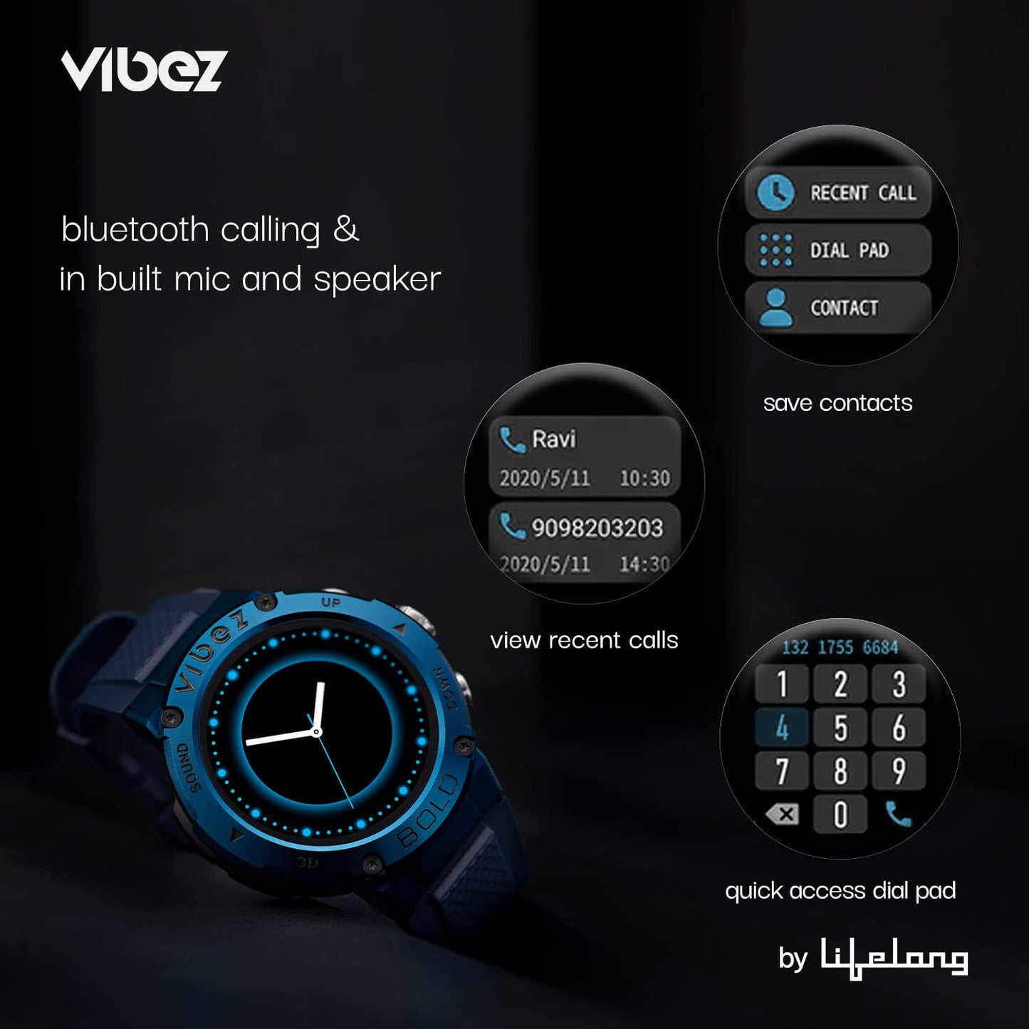 Vibez by Lifelong Bold Smartwatch For Men Bluetooth Calling 1.32" HD Display|24x7 Heart Rate & Blood Oxygen Tracking|Sports Mode|IP67|Sleep Monitor|7 days Battery Backup(VBSWM99, 1 Year Manufacturer Warranty, Blue)