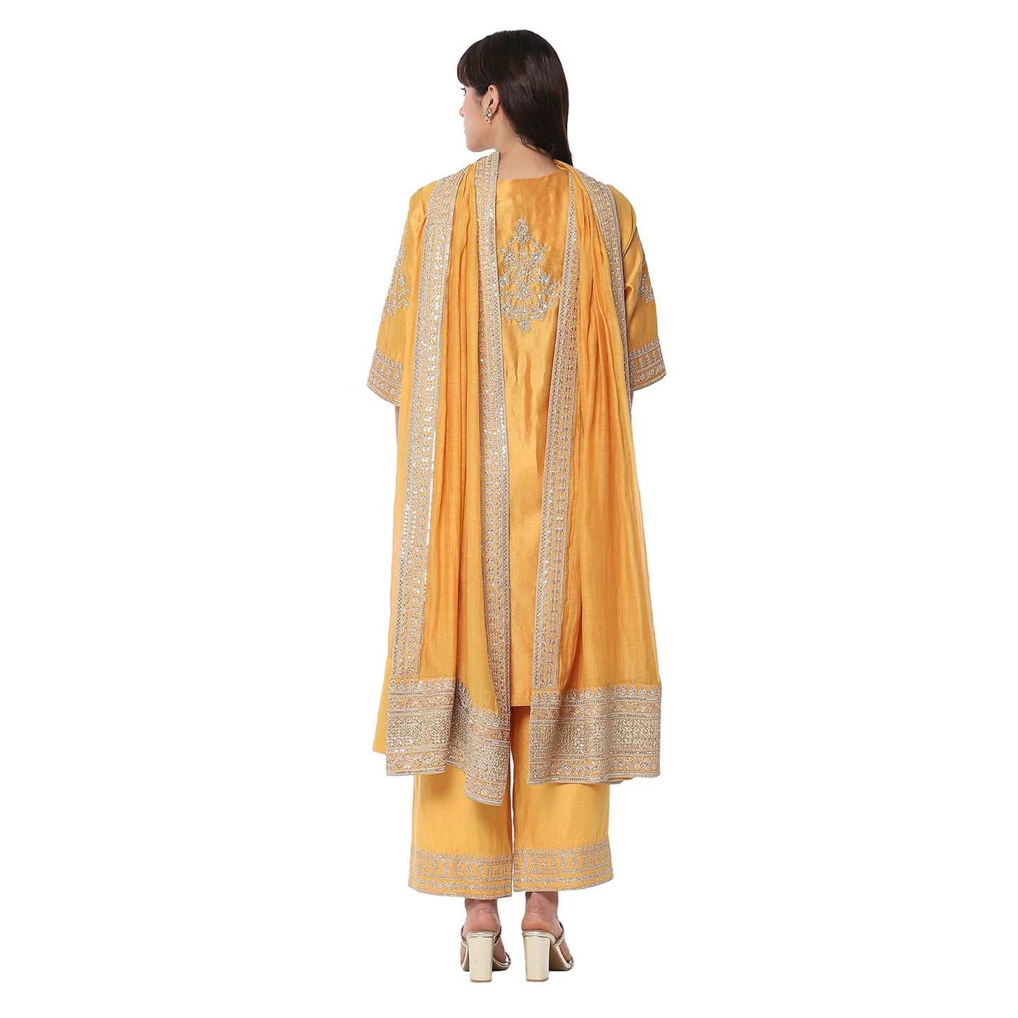 Biba Women's Cotton Blend Kurta Set (SKDMEWAR10863SS25OCRYEL_Ochre Yellow